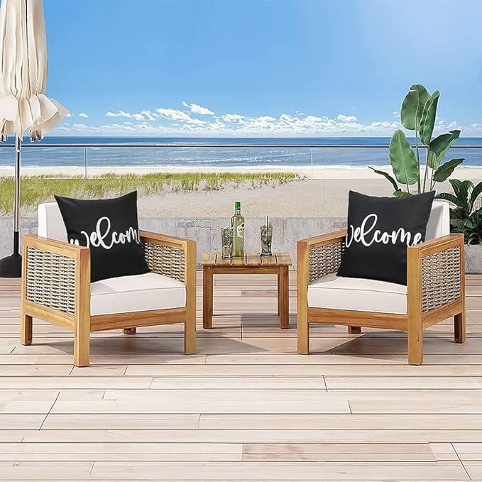 Merrycolor Set of 2 Black and White Outdoor Waterproof Pillow Covers 18x18 Welcome Throw Pillows Cover Decorative Outdoor Pillows for Patio Furniture