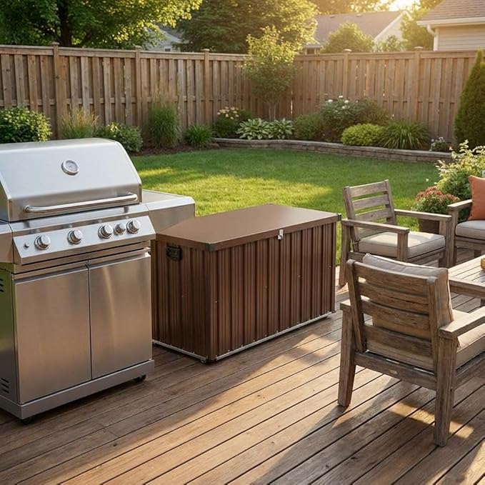 Outdoor Metal Storage Box 160 Gallon for Patio, Large Metal Deck Box Waterproof with Dual Gas Struts, Rolling Wheels and Handles, Steel Deck Box for Cushions, Tools, Pool Floats, Porch and Backyard