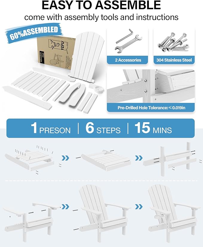 YEFU Adirondack Chairs Set of 2 Plastic Weather Resistant, Outdoor Chairs 5 Steps Easy Installation, Like Real Wood, Widely Used in Outdoor, Patio, Lawn, Fire Pit, Deck, Outside, Chairs (White)