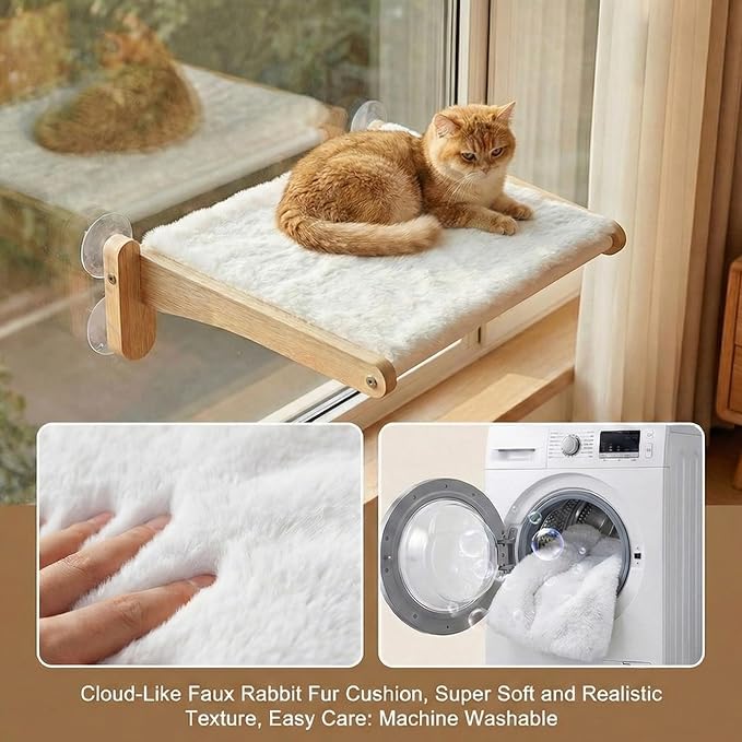 Cat Window Perch with Bird Feeder – Foldable Hammock, Strong Suction Cups for Indoor Cats(Nature)