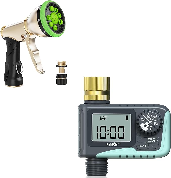 RAINPOINT Sprinkler Timer with Brass Swivel & Garden Hose Nozzle with 9 Adjustable Spray Patterns