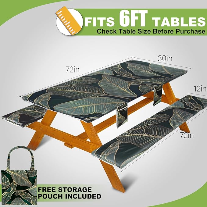 Picnic Table Cover with Bench Covers Vinyl Elastic Edges Fitted Rectangle Seat Tables Waterproof 3-Piece72X30in Set Outdoor Rectangular Folding Backing Tablecloth for Camping Over Size