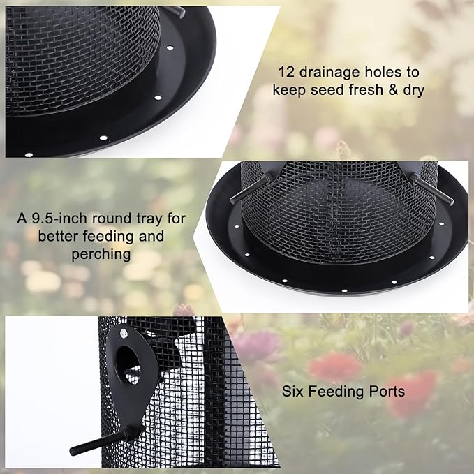 Gtongoko Hanging Bird Feeders for Outdoors 6.5 LB Large Capacity Squirrel Proof Metal Mesh Tube Bird Feeders for Thistle & Nyjer Seed Attracts Finch Cardinal,Titmice,Swallow Black