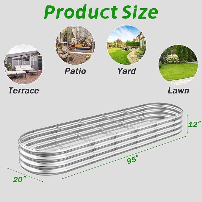 RAYKEEP Galvanized Raised Garden Beds, 8x2x1ft Outdoor Raised Garden Boxes, Oval Large Bottomless Metal Elevated Garden Bed Planter Box for Vegetables, Fruits, Flower