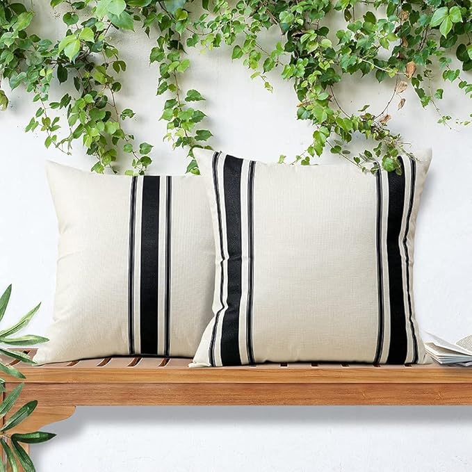 OTOSTAR Pack of 2 Outdoor Waterproof Decorative Pillow Covers 18x18 Inch Linen Geometry Pillowcases Cushion Case Garden Throw Pillow Covers Pillows Shell for Patio Furniture Couch Tent Balcony (Black)