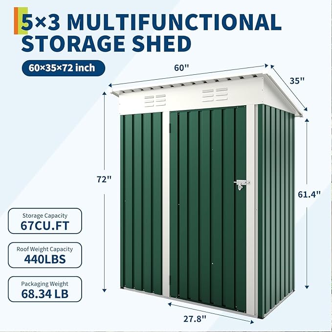 5x3 ft Outdoor Storage Shed & Tool Shed, Metal Garden Shed with Sloping Roof and Lockable Door, Compact Utility Shed for Backyard, Patio, Garden Storage, Green