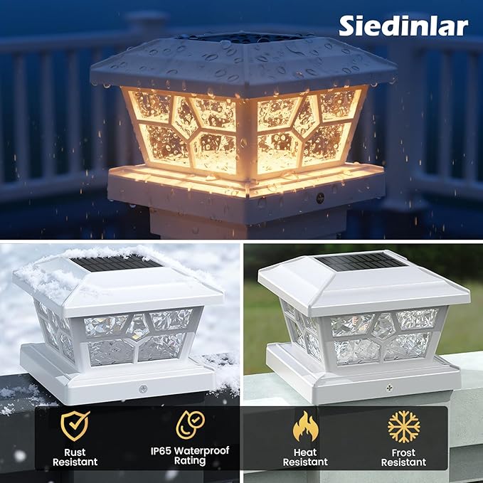 SIEDiNLAR Solar Post Lights Outdoor 6 Pack 4 Modes 40 LEDs Deck Fence Post Cap Light for 4x4 5x5 6x6 Vinyl/Wooden Posts Patio Decor, Warm/White Dynamic Lighting (White)