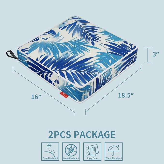 Patio Chair Cushions 18.5x16 Inch, Water Repellent Outdoor Seat Cushions with Adjustable Straps, Fade Resistant Replacement Cushions for Garden Deck Sofa Couch, Set of 2, Blue Leaf