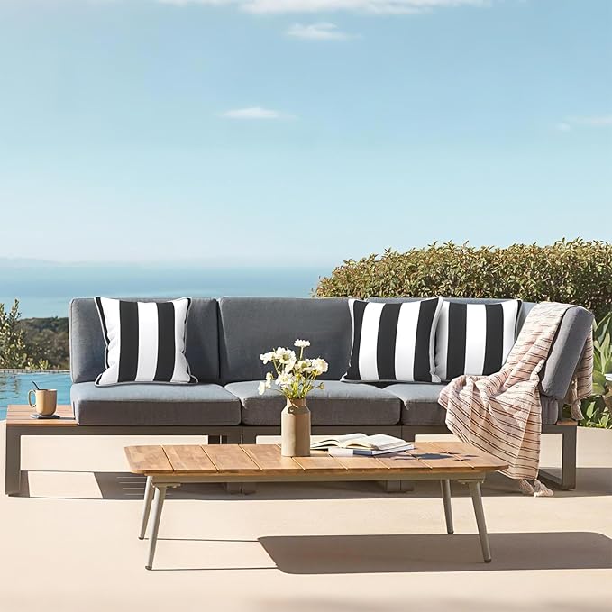 LVTXIII Outdoor Throw Pillows 18x18 Patio Waterproof Square Pillows with Piping Fade Resistant Accent Pillow for Spring Summer Garden Decoration, Set of 2, Cabana Black