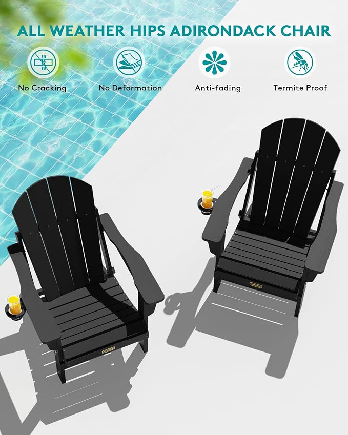 SERWALL Foldable Adirondack Chair Set of 4, All Weather Adirondack Chairs with Cup Holder for Patio Garden Outdoors Fire Pit-Black