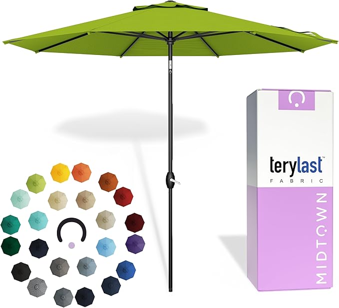 Midtown Umbrellas - 10-Year-No-Fade 9 Ft Patio Umbrella with Terylast Fabric, Auto-Tilt Aluminum Frame and 8 Reinforced Ribs for Deck, Pool, Garden & Beach - Pear Green Canopy, Black Pole