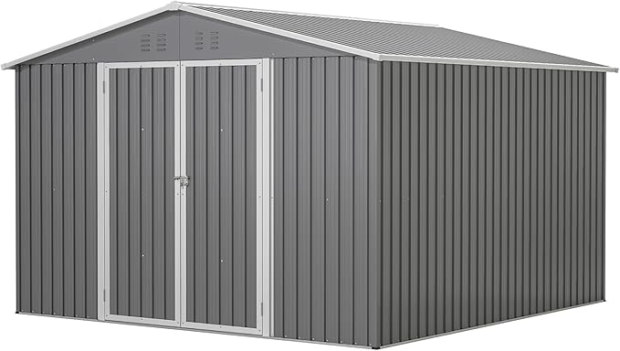 YOPTO 10×10 FT Outdoor Storage Shed,Metal Aluminum Waterproof Tool Sheds with Foundation,Doors & Vents,Heavy-Duty Sheds Unit W/Lock & Key,for Storing Bicycles,Lawnmowers,Barbeques,Gray