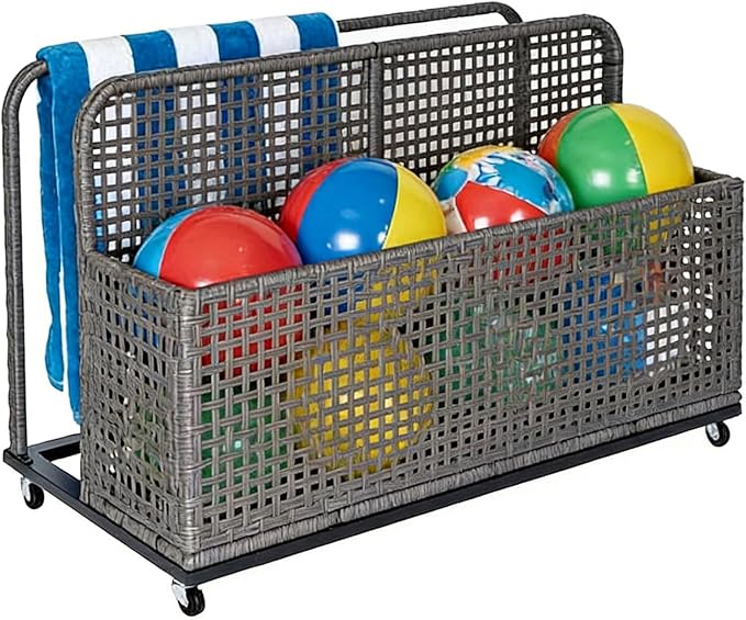 Rolling PE Rattan Pool Float Storage Bin with Wheels – 43" Outdoor Wicker Caddy with Compartment & Basket for Towels, Toys, Patio Accessories – Grey