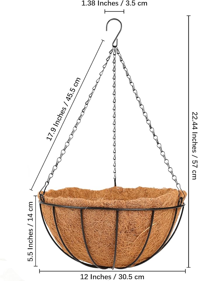 HKZ Hanging Basket Planter Plants Outdoor - 2 Pack 12 Inch Metal Hanging Planter with Coco Liners, Chain Hook Hanging Flower Pots for Indoor Outdoor Garden Porch Decoration