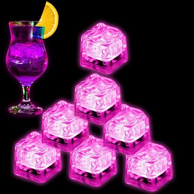 Light Up Ice Cubes for Drinks, 96 PCS Pink LED Ice Cubes Liquid Activated, Glow in The Dark Waterproof Ice Cubes for Home Bar Supplies Summer Party Wedding Decor