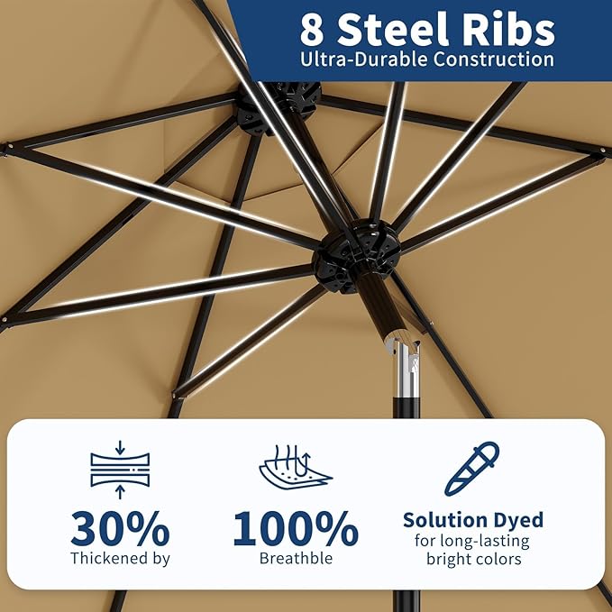 Garvee 10 ft Patio Umbrella - 8 Sturdy Ribs Outdoor Table Umbrella with Crank Lift & Push Button Tilt - Market Umbrella for Pool, Deck, Yard, Garden - Tan
