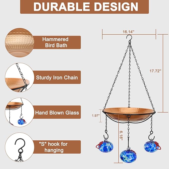Wind Chimes Hanging Bird Feeders for Outdoors ＆ Bird Bath ＆ Hummingbird Feeders for Outdoors 3-in-1,Hand Blown Glass Hummingbird Feeder Balls,Detachable Feeder ＆ BirdBath(11in)(Phoenix Tail Blue)