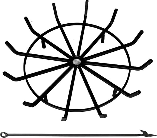 Fire Pit Grate with Poke Wrought Iron Fire Pit Round Spider Wagon Wheel Firewood Heavy Duty 0.9in Bar Fireplace Stove Burning Rack Holder 4Legs r (27 Inch)