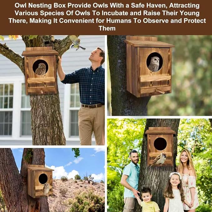 2PCS Owl Houses for Outdoors, 16.1x11.8x9.5-inch Large Carbonized Owl Nesting Boxes for Outside, Waterproof & Ventilated Design， Designed Specifically for Owls and Wildlife Nesting