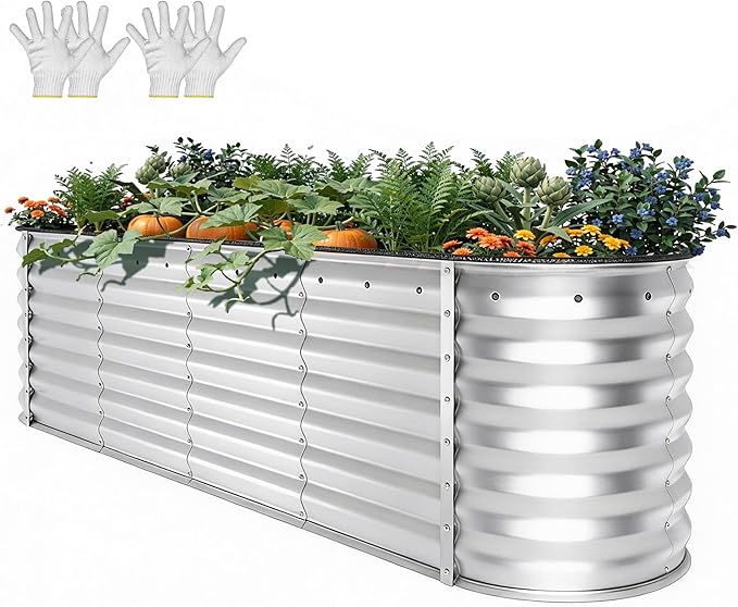 YITAHOME 8x2x2ft Large Raised Garden Bed Kit, 24" Tall 9 in 1 Galvanized Metal Planter Box with Gloves and Safety Rubber, Outdoor Above Ground Planters for Plants Vegetables Flowers, Silver
