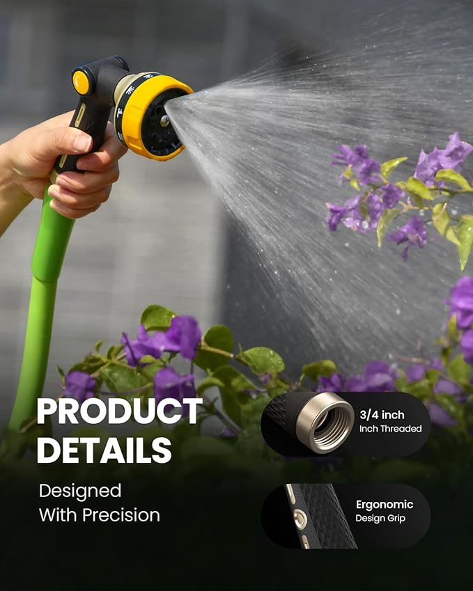 RAINPOINT Garden Hose Nozzle Heavy Duty - 100% Metal Thumb Control Spray Nozzles for Garden Hose High Pressure, 10 Patterns Water Hose Nozzle for Car Wash, Watering Lawn and Pets, Yellow
