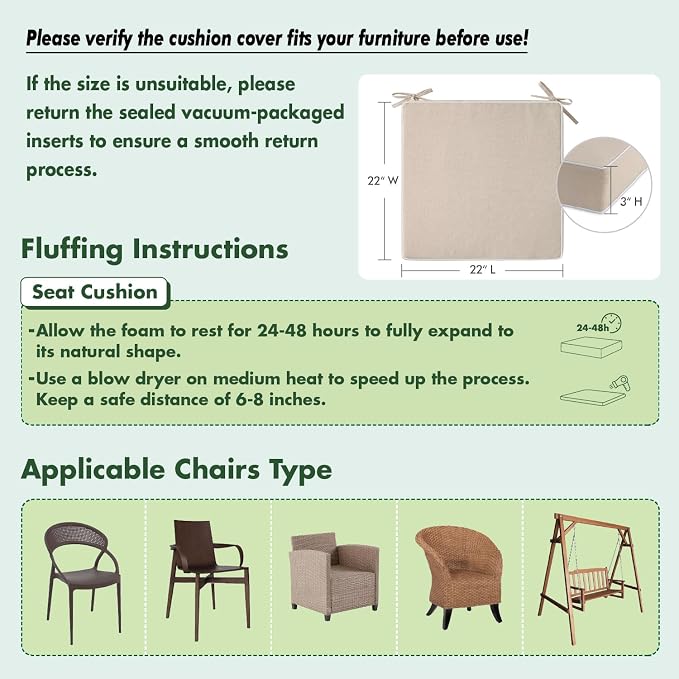 MIULEE Beige Outdoor Chair Cushions Set of 2, 22x22x3 Inch Waterproof Patio Seat Cushions for Outdoor Furniture Couch Sofa, 3 Year Color Fastness High Density Foam with Adjustable Ties