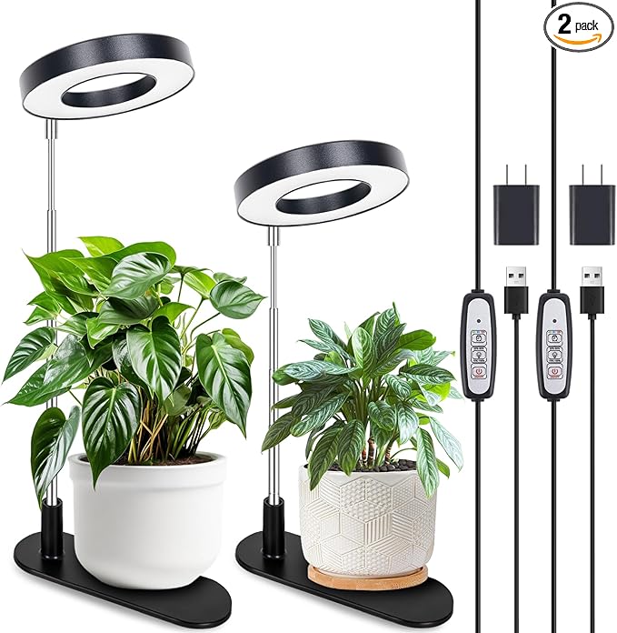 LORDEM Grow Light, 48 LEDs Plant Light for Indoor Plants, Full Spectrum Desk Grow Lamp with Automatic Timer for 4H/8H/12H, 4 Dimmable Levels, Height Adjustable 7.8"-26", Black, 2 Pack