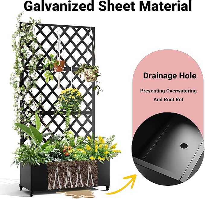 Metal Raised Garden Bed, 72" H x 47" W Privacy Planter Box with Trellis and Wheels, Hook, Freestanding Privacy Planter Box for Climbing Plants, Vegetables & Vines, Drainage Holes