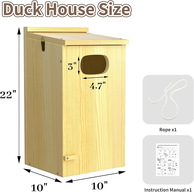 Duck House, Solid Wood Duck Houses for Outside, Included Hanging Rope, Outdoor Duck Nesting Box for Pond, 22" H x 10" D x 10" W, Nesting Pads Not Included