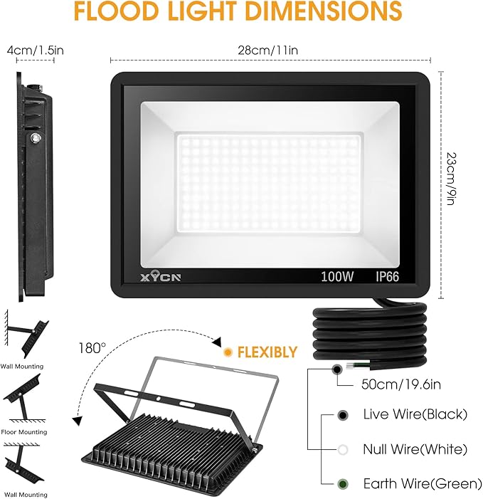 XYCN 3 Pack 100W LED Flood Light, IP66 Waterproof Outside Flood Light, 11500LM Super Bright Outdoor Security Lights, 5000K Daylight White Floodlight for Yard Garden Playground Basketball Court Patio