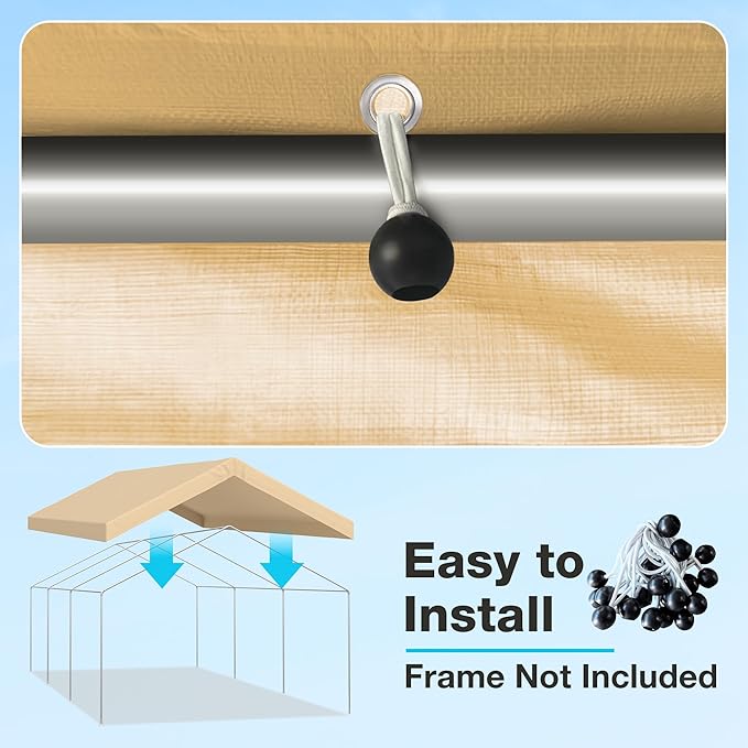 12x20 FT Carport Replacement Canopy Top Upgraded Car Port Canopy Cover for Carport Party Tent Waterproof & UV Protected, Easy Installation with Ball Bungees,Beige(Frame Not Included)