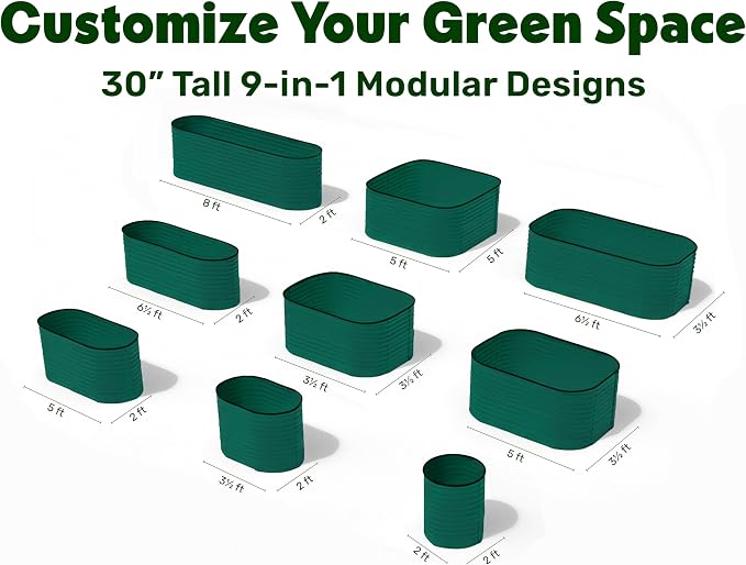 9-in-1 Galvanized Raised Garden Beds Outdoor // 8×2×2.5 ft Modular Planter for Gardening, Vegetables, Flowers // 32" Extra Tall Metal Raised Garden Bed (Dark Green) // Patented Design Planter Box