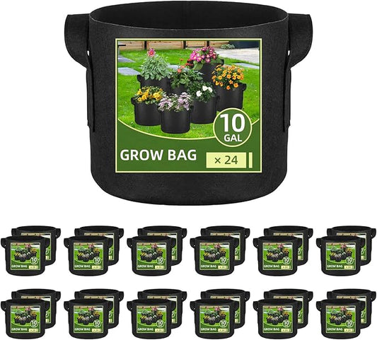 24 Pack 10 Gallon Grow Bags, Heavy Duty Thickened Aeration Fabric Pots with Handles for Vegetable/Flower/Plant