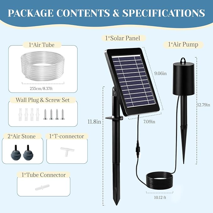 Yeomi 4W Solar Aerator Pump, Solar Pond Oxygenator with Dual Air Stones, 3 Working Modes 18/36/72H Runtime, Split Mount Solar Powered Air Pump for Outdoor Pond, Fish Tank, Water Feature Aquaculture