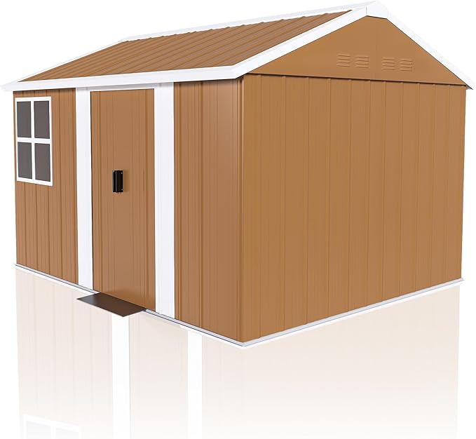 YOPTO 8x10 FT Outdoor Storage Shed,Metal Shed W/Lockable Doors,Windows & 4 Air Vents,Weatherproof Garden Tool House W/Sloped Roof,for Backyard,Lawn,Tool Organization,Brown