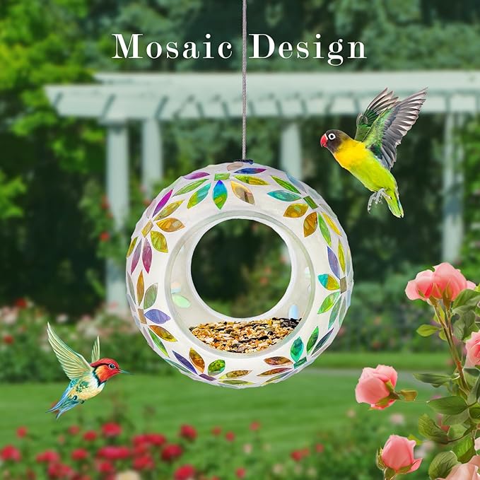 Hanging Bird Feeders for Outdoor Glass Mosaic Fly Through Wild Bird Feeder Round Shape Birdfeeder for Outside Garden Yard Patio Decoration Yellow
