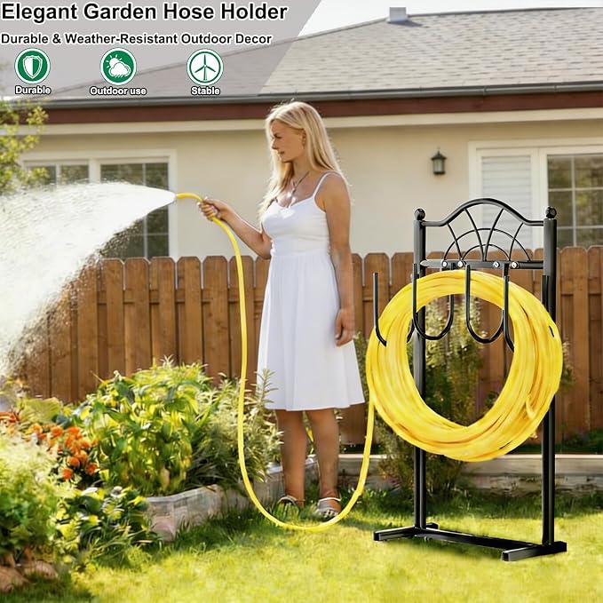 2 Pack Garden Hose Holder,Upgraded Freestanding Hose Holder with 4 Spikes, Heavy Duty Metal Hose Reel,Sturdy Hose Stand Holds up to 100ft Hose for Outside,Yard & Lawn Garden,Black