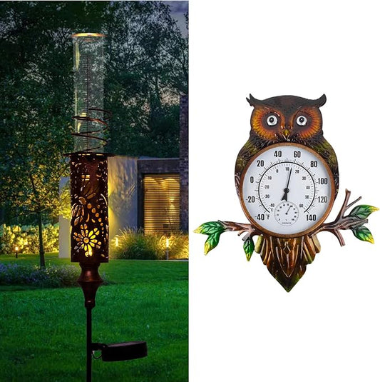 Copper Solar Rain Gauge Outdoor and 22" Metal Owl Outdoor Thermometer for Garden Patio Home Decor