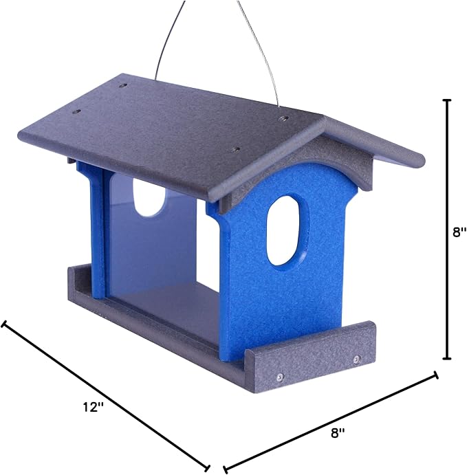 Bluebird Feeder - Poly Lumber - Hanging Blue Bird Feeder for Mealworms (Gray and Blue)