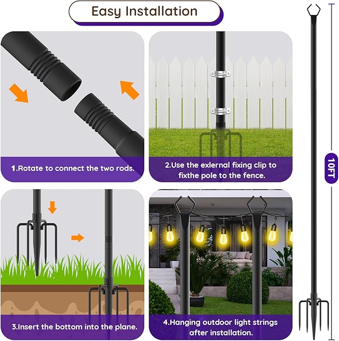 zoegi 4 Pack 10Ft String Light Poles,Light Poles for Outside Lights with Fork,Outdoor Brackets Hanging Lights,Metal Stand for Deck Patio,Backyard,Wedding,Deck,Party (4Pack)