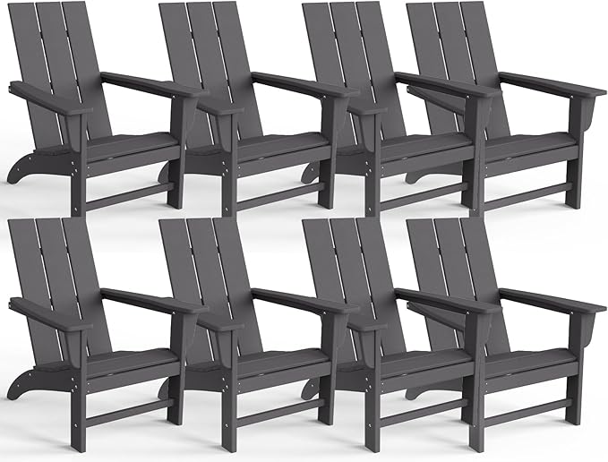 Modern Adirondack Chairs Set of 8, HDPE Plastic Patio Chairs for All Weather, Fire Pit Chair, Outdoor Lawn Chairs for Deck, Porch, Backyard, Garden, Slate Gray