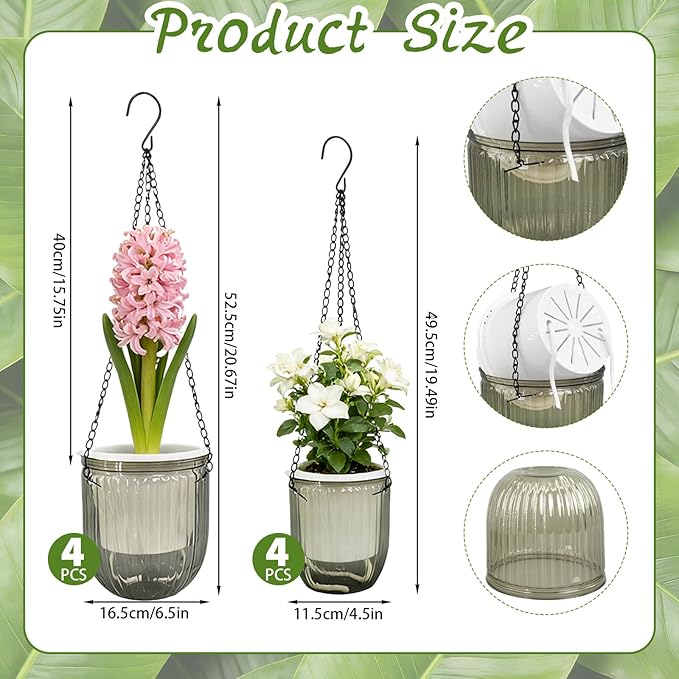 8 Pcs Self Watering Hanging Planters with 3 Hooks Drainage Holes 6.5'' 4.5'' Self Watering Plant Baskets Hanging Flower Pots for Outdoor Indoor Gift Home (Gray)
