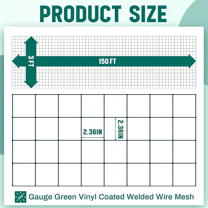 Gisafai 16 Gauge Galvanized Welded Wire Fence 3 ft x 150 ft PVC Coated Hardware Cloth, 2.36" x 2.36" Mesh, Heavy Duty Garden Fencing Roll for Yard Chicken Dog, Deer Cattle & Animal Protection(Green)