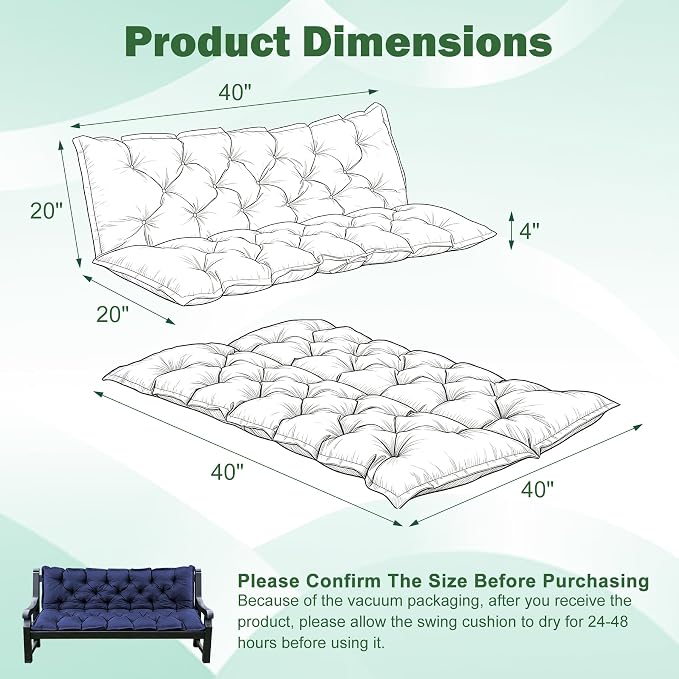 Porch Swing Cushions, 40x40 Inch Swing Cushions for Outdoor Furniture, Waterproof 2 Seater Patio Seat Cushion with Backrest, Replacement Bench Cushion for Glider, Settee, Navy Blue