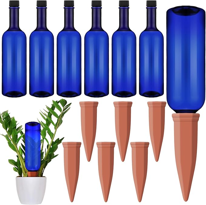 Teenyyou 12 Pcs Watering Spikes for Indoor Plants Include 6 Terracotta Self Watering Spikes Devices and 6 Pcs 26 oz Plastic Bottles Slow Release Vacation Insert Automatic(Blue)