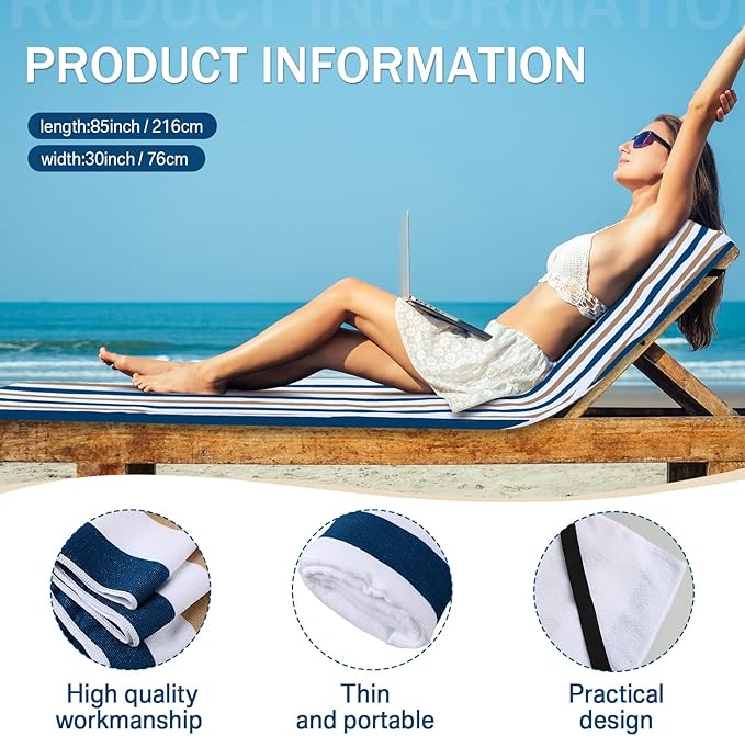 Fumete 2 Pack Lounge Chair Covers 30 x 85 Inch Pool Chaise Lounge Towels Microfiber Beach Chair Towel Portable Striped Outdoor Patio Furniture Cover for Sunbathing Picnic Spa(Dark Blue and Camel)