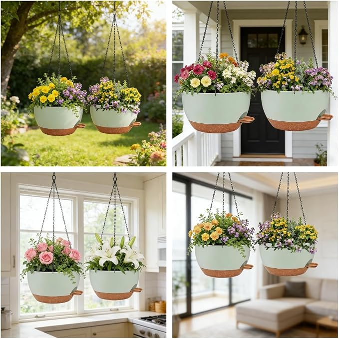 12" Self Watering Hanging Planters, Green Brown, 2 Pack | With Chains
