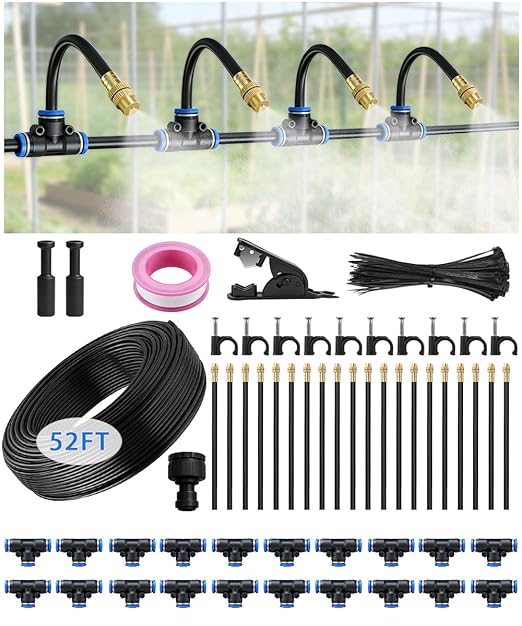 52FT Easy-Snap Garden Irrigation System for Raised Beds & Greenhouses, Upgraded 8mm (5/16") High-Flow PE Tubing with 20 Bendable 360° Copper Nozzles, Quick-Connect Plant Watering Kit