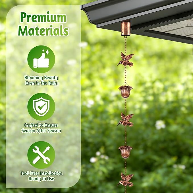 Rain Chains for Gutters Outside 8.5FT Copper Rain Catcher Chain with Adapter Decorative Replacement for Downspout with 6 Hummingbirds and 6 Flower Cups
