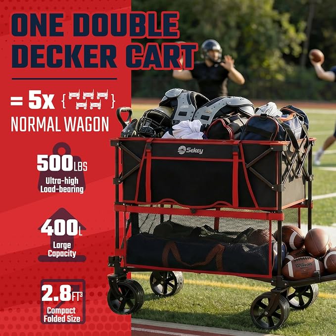 Sekey 500LBS Heavy Duty Double Decker Wagon with Extender, 400L Large Capacity Collapsible Garden Cart Fits 10x10 Canopy, All-Terrain Big Wheels with Brakes, Foldable Utility Wagon for Sports, Camping